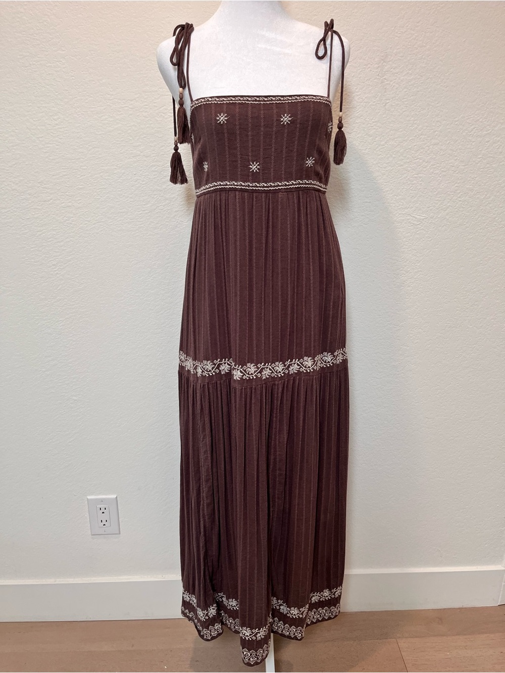 American Eagle Outfitters Brown Tie-Shoulder Embroidered Maxi Dress